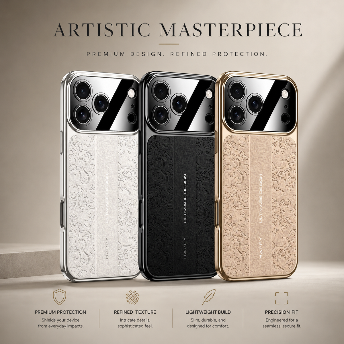 White, black and beige embossed cases stand in a row on a pale surface. Each has curled motifs, a plain lettered central strip and reflective camera panel.