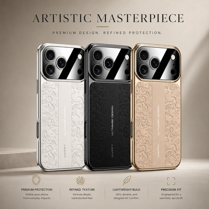 White, black and beige embossed cases stand in a row on a pale surface. Each has curled motifs, a plain lettered central strip and reflective camera panel.