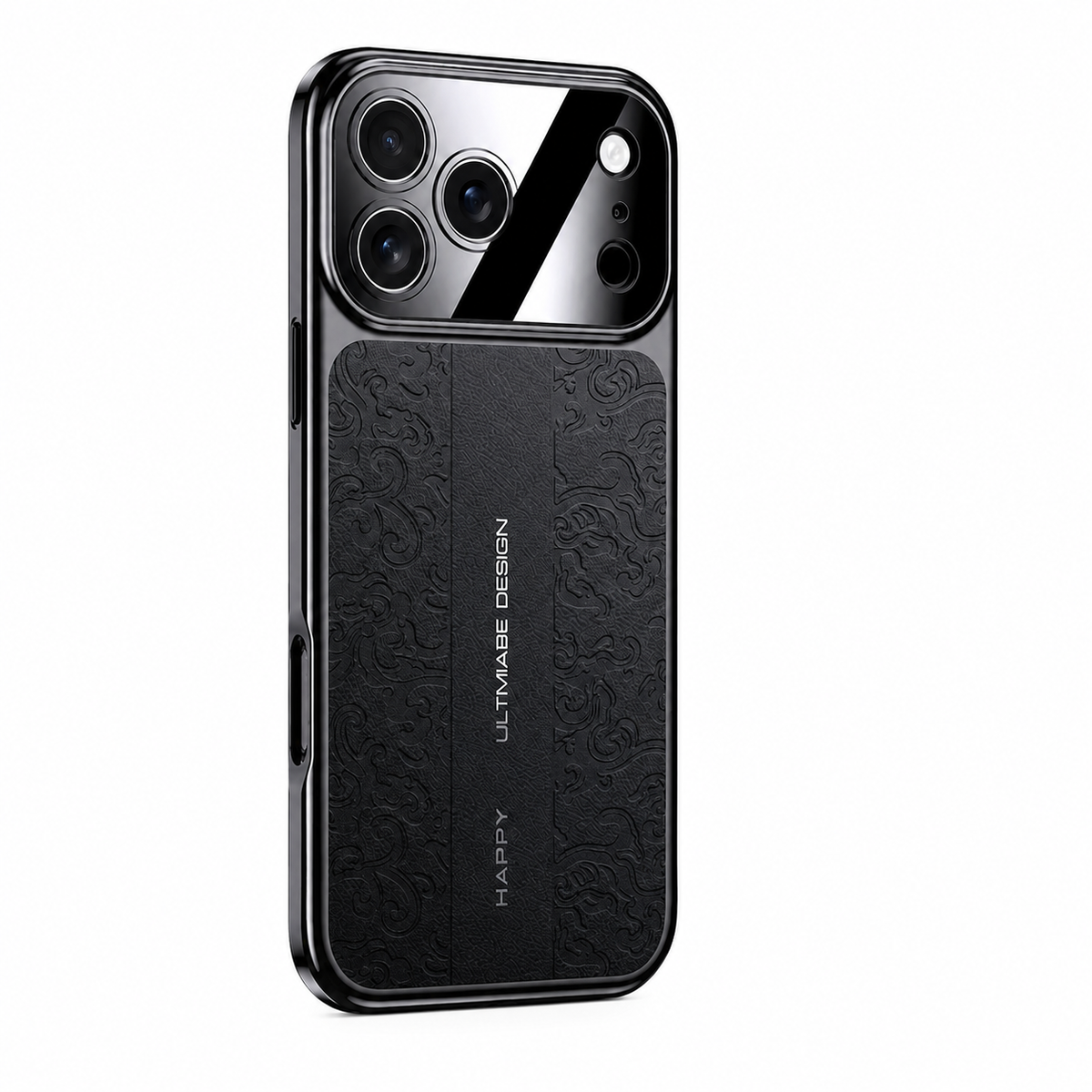 A black case stands on white, with embossed curling motifs beside a narrow plain central strip. Small vertical lettering marks the strip, and the glossy camera panel reflects diagonal light.