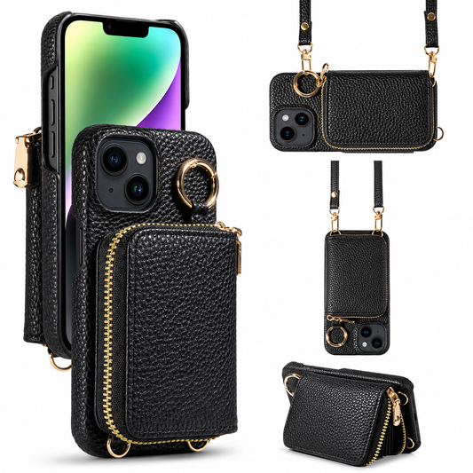 Front and rear views of a black pebbled wallet phone case on white. A rectangular zippered pouch projects from the back below a gold ring clasp beside the camera. Gold loops and strap hooks line the edges. Smaller views show the pouch used as a horizontal stand and the case suspended from a matching strap.