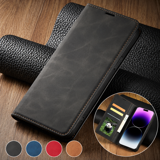 Dark gray folio phone case lies closed across rolled black textured material on a wooden surface. An inset shows card slots and a panda photo window inside; four color swatches appear below.
