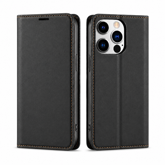 Black leather-look folio phone case shown closed from front and back against white, with brown edge stitching, a narrow earpiece slot and a rectangular opening around three camera lenses.