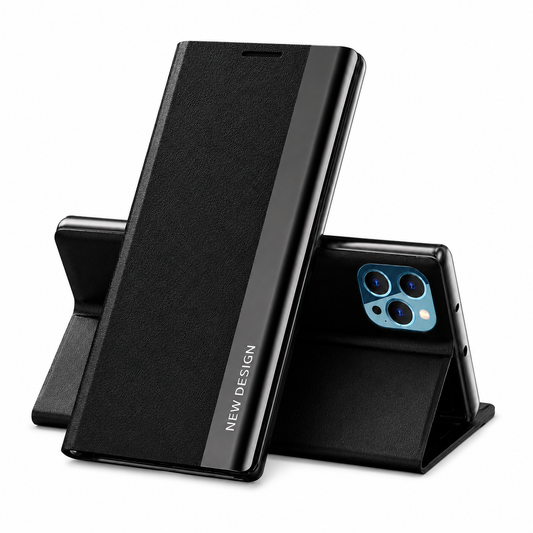 A black flip phone case stands closed beside a second case folded into a horizontal stand on white. The front flap has a textured center, shiny edge strip and narrow earpiece slit.