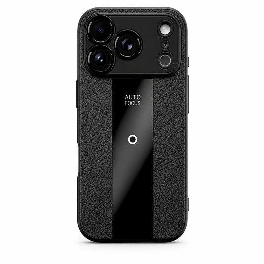 Black phone case with pebbled leather-look side panels and a glossy black central stripe printed Auto Focus. A broad black plate surrounds the three camera lenses.