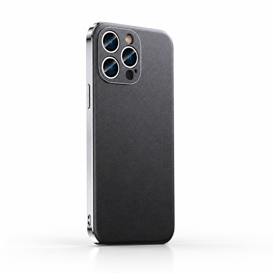 A black fine-textured phone case stands at an angle on white, showing shiny silver-colored edges and separate circular lens openings within a square camera surround.