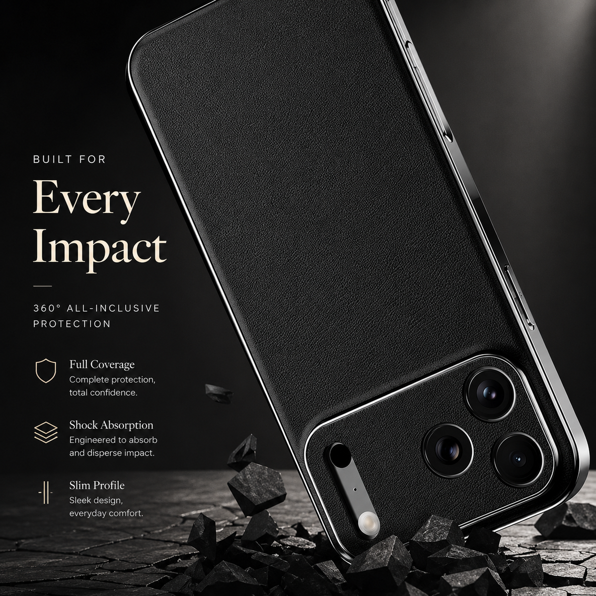 Black textured case illustrated striking rough rocks at its camera corner. Text advertises cushioning, full coverage, and a slim profile.