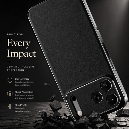 Black textured case illustrated striking rough rocks at its camera corner. Text advertises cushioning, full coverage, and a slim profile.