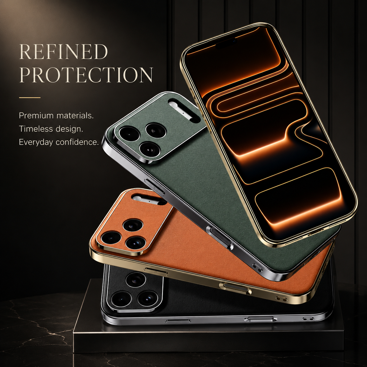 Green and orange textured cases, a screen-forward phone, and a black case arranged in a tilted stack on a dark platform. Reflective edges outline each piece.