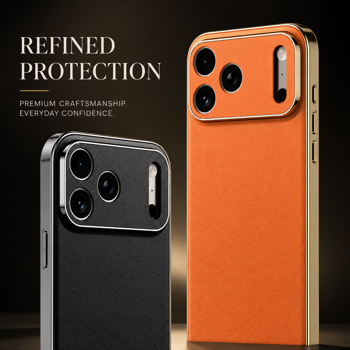 Black and orange textured cases stand rear-forward against dark gray. Silver-colored and gold-colored frames surround matching camera panels and plain finely textured backs.