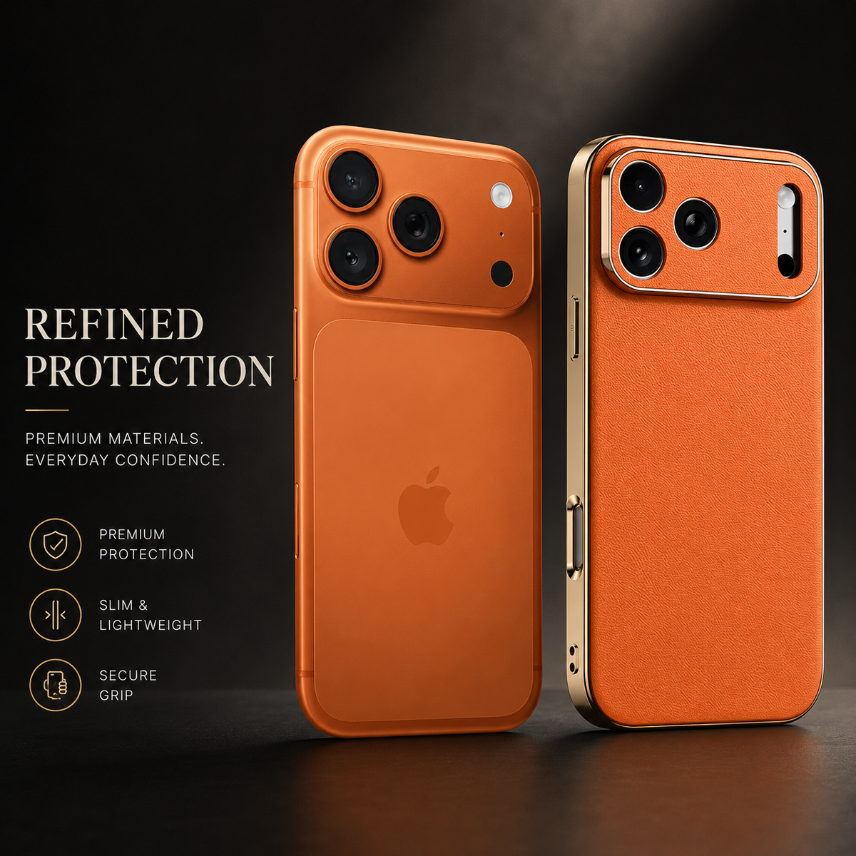 Bare orange phone stands beside an orange textured case with gold-colored edges. Text highlights protection, a lightweight profile, and grip.
