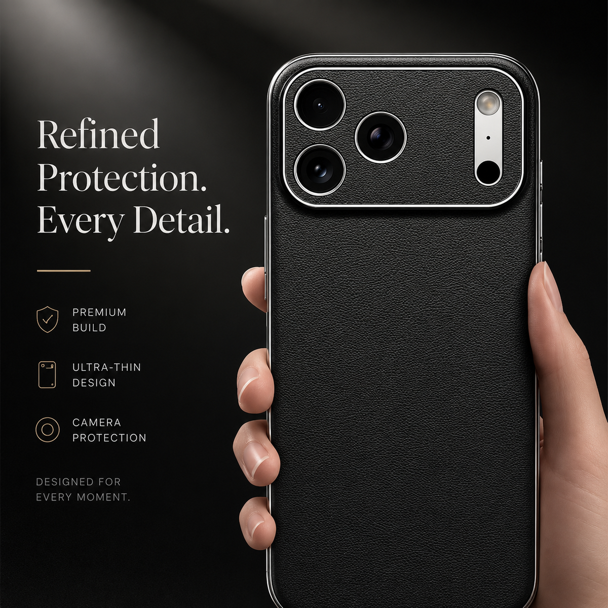 Hand holds a black textured case upright, showing its silver-colored frame and matching camera panel. Text highlights construction, thinness, and camera protection.