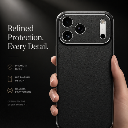Hand holds a black textured case upright, showing its silver-colored frame and matching camera panel. Text highlights construction, thinness, and camera protection.