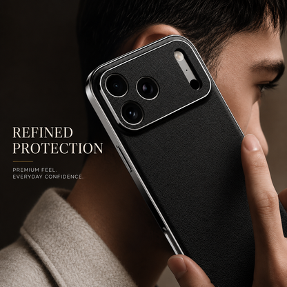 A man holds a black textured-cased phone to his ear. The reflective silver-colored frame and matching rear camera panel remain visible beside protection text.