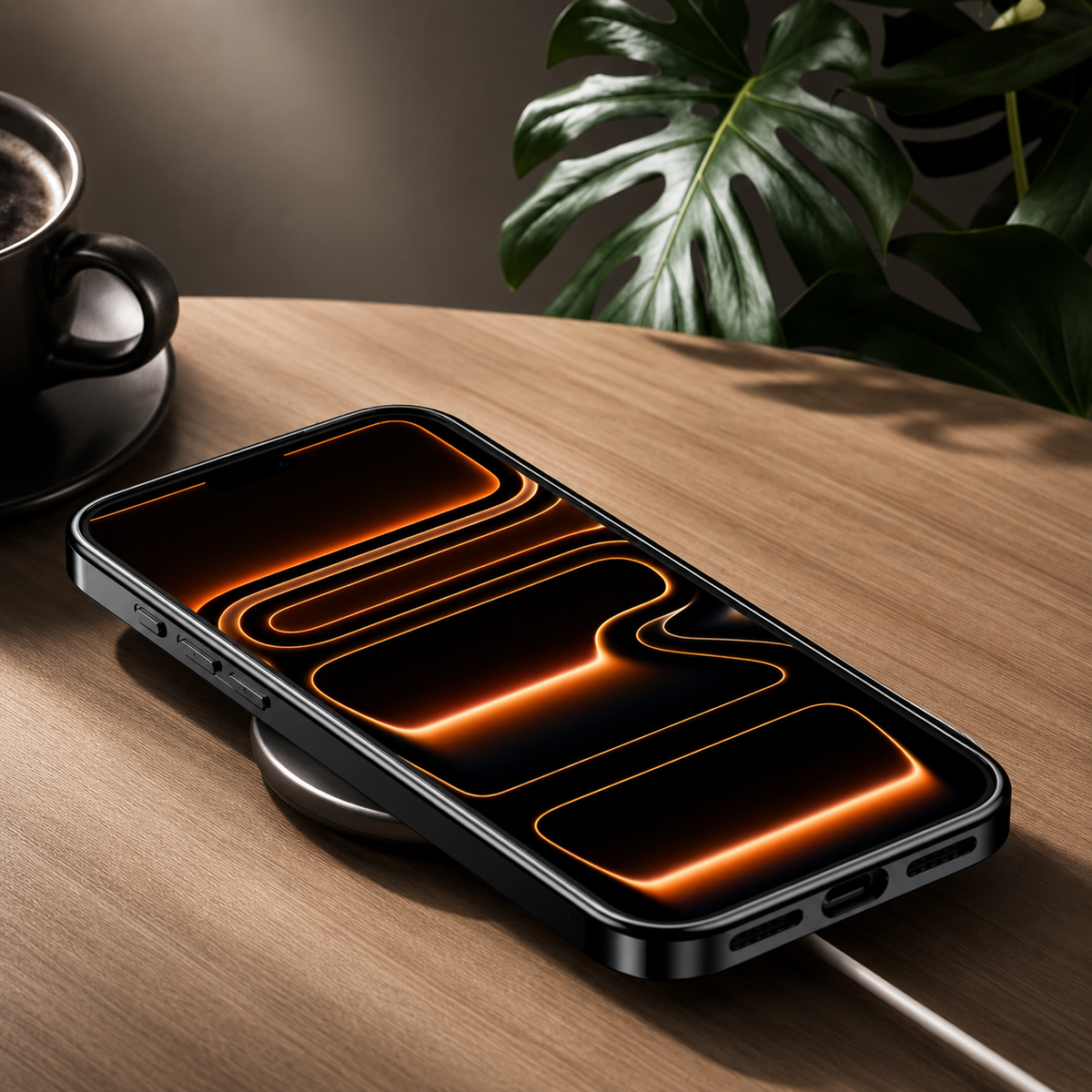 Black-edged phone rests screen-forward on a round wireless charging pad on a wooden table, with a leafy plant behind it.