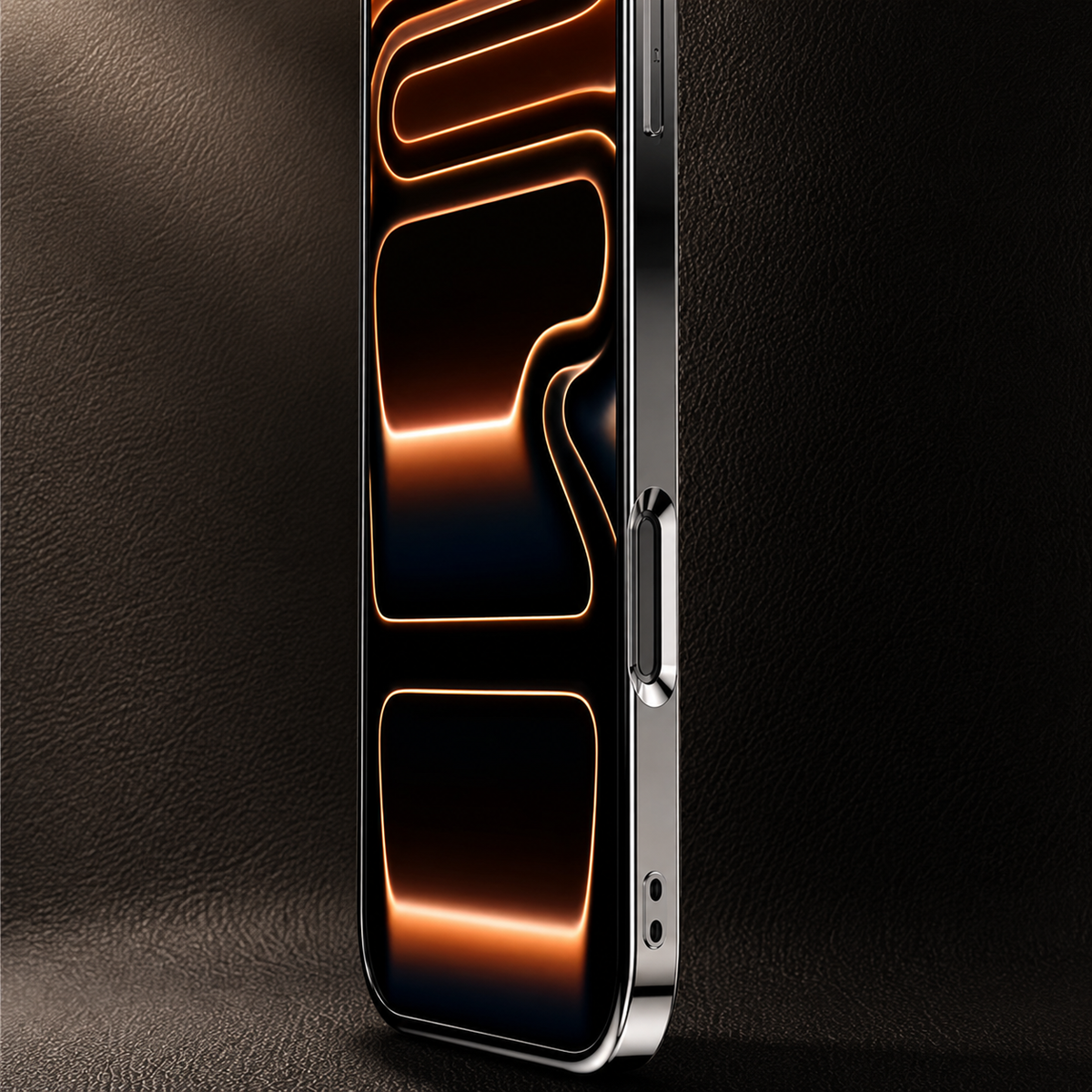 Close side view of a phone in a silver-edged black case stands against a dark textured background, showing a narrow frame, covered buttons, and orange-line screen wallpaper.