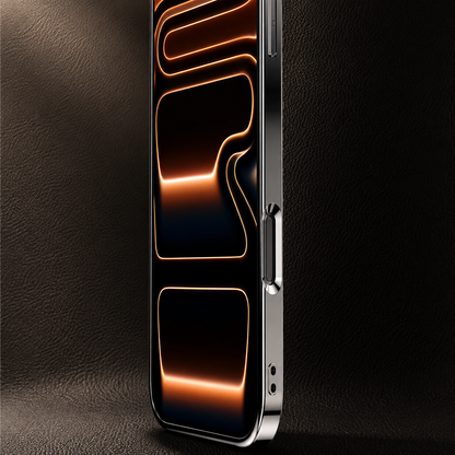 Close side view of a phone in a silver-edged black case stands against a dark textured background, showing a narrow frame, covered buttons, and orange-line screen wallpaper.