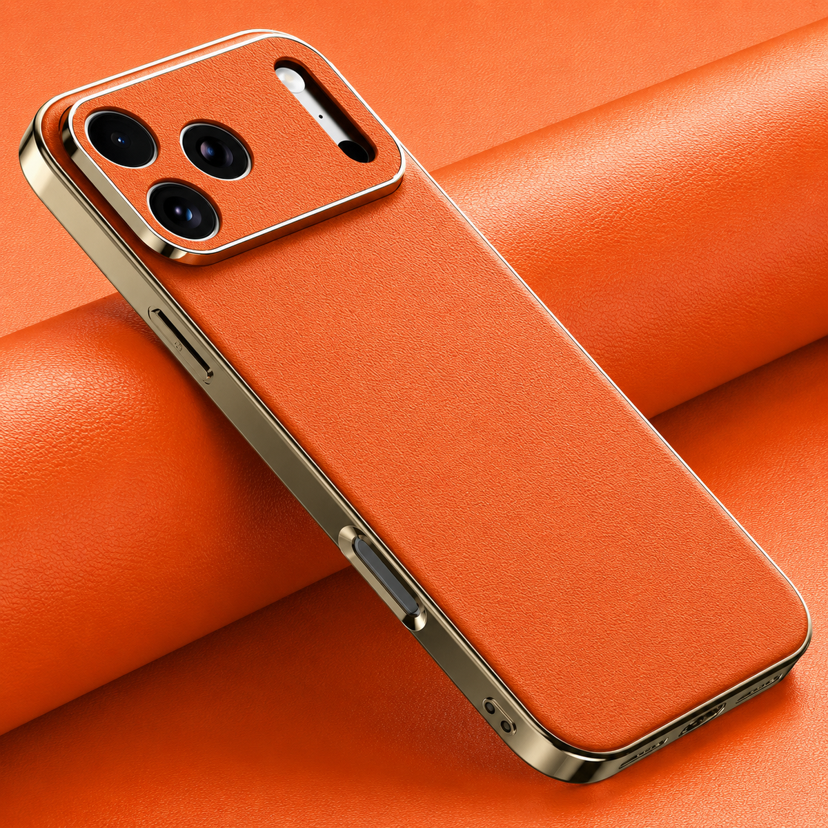 Orange finely textured case lies diagonally on orange material, with reflective gold-colored sides and matching camera panel around three lenses.