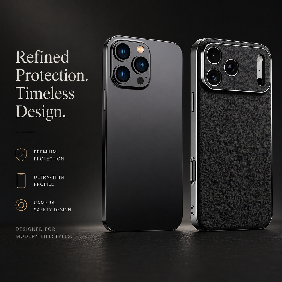 Bare dark phone stands beside a black textured case on a dark surface. Text highlights protection, a thin profile, and raised camera coverage.