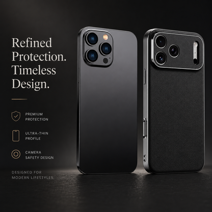 Bare dark phone stands beside a black textured case on a dark surface. Text highlights protection, a thin profile, and raised camera coverage.