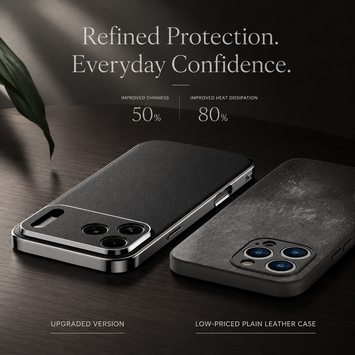 Black textured case shown beside a plain gray case on a dark tabletop. Promotional text claims improved thinness and heat dissipation, with figures of 50 and 80 percent.