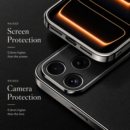 Front and rear close-ups of the black case highlight raised screen and camera borders, each labeled 0.3 mm above the protected surface.
