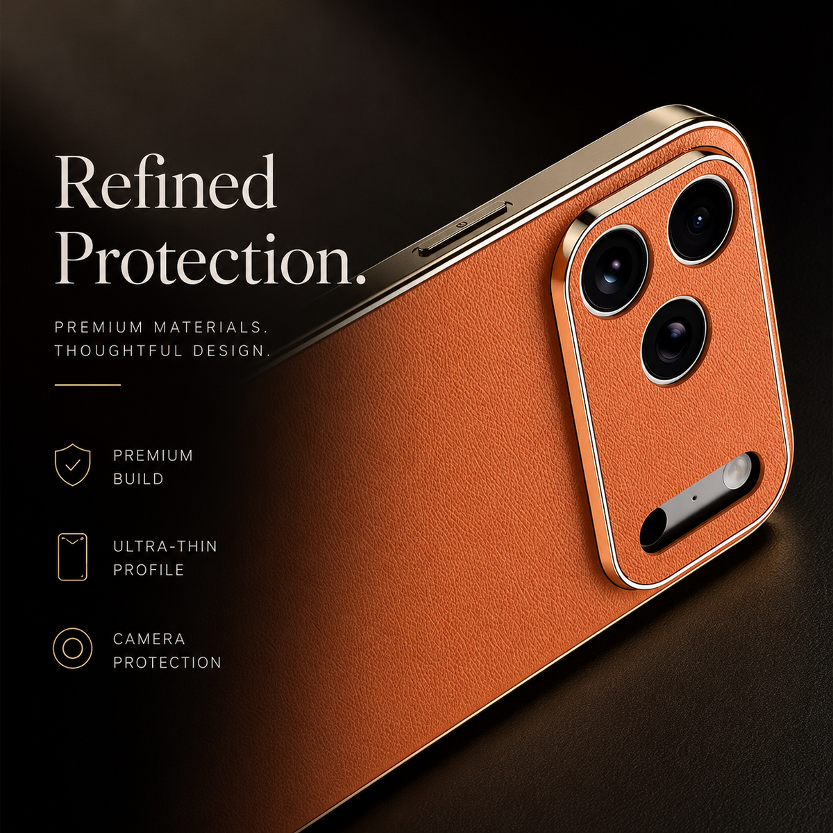 Close-up of an orange textured case's rear camera corner shows gold-colored edges and individual lens openings. Text highlights construction, thinness, and camera coverage.