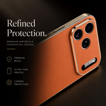 Close-up of an orange textured case's rear camera corner shows gold-colored edges and individual lens openings. Text highlights construction, thinness, and camera coverage.