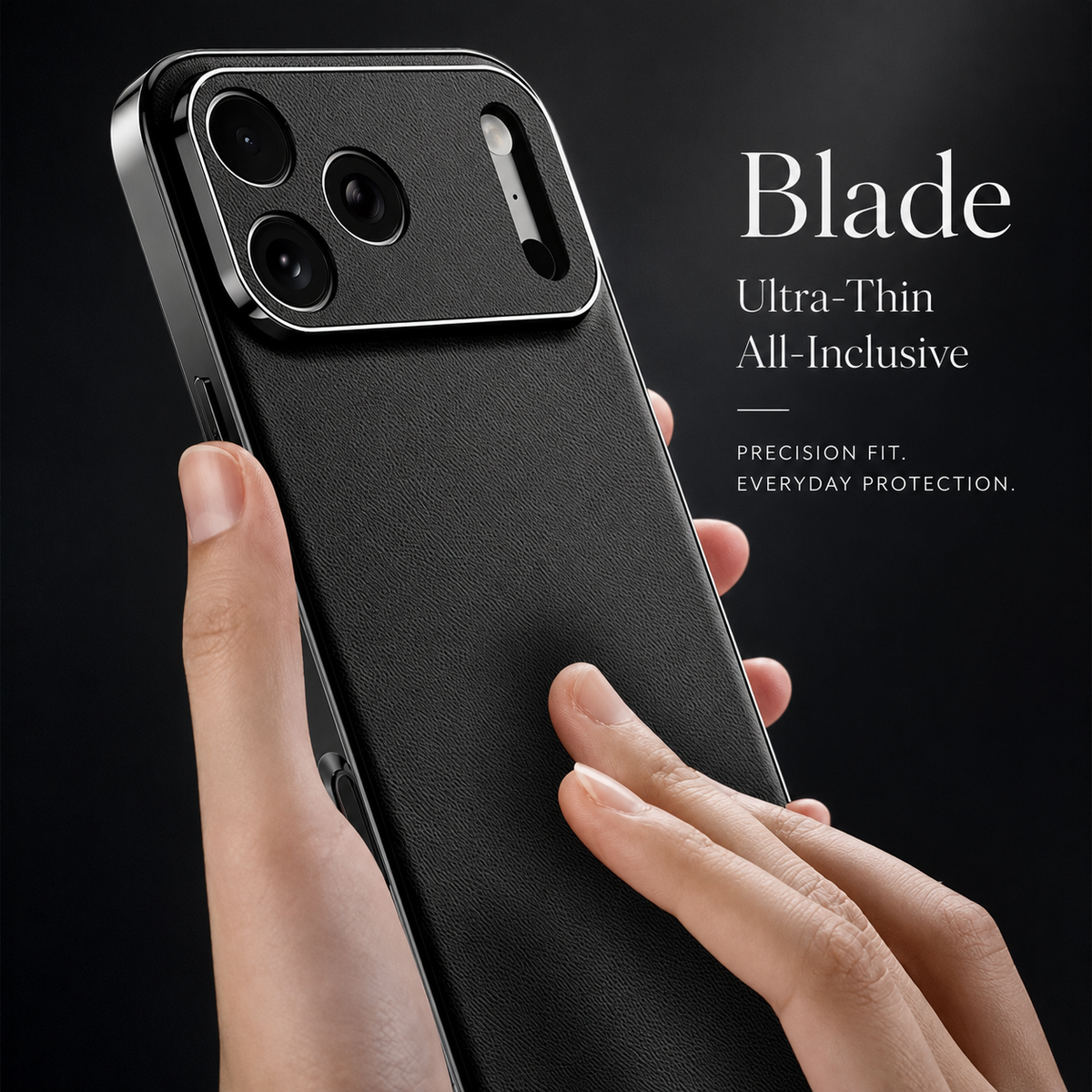 Hands hold and stroke the black textured case back. Its reflective silver-colored frame and matching camera panel appear beneath text highlighting a thin design.