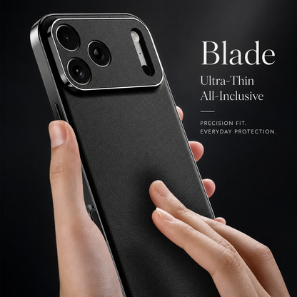 Hands hold and stroke the black textured case back. Its reflective silver-colored frame and matching camera panel appear beneath text highlighting a thin design.