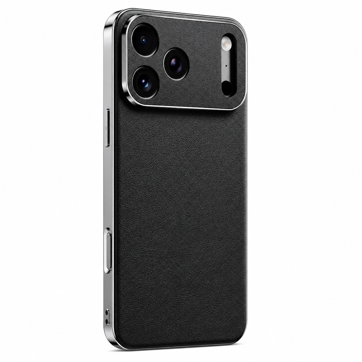 Black finely textured case stands rear-forward against white, with reflective silver-colored edges and a matching camera panel around three lenses and a narrow sensor opening.