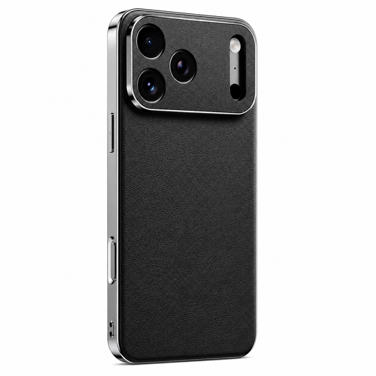 Black finely textured case stands rear-forward against white, with reflective silver-colored edges and a matching camera panel around three lenses and a narrow sensor opening.