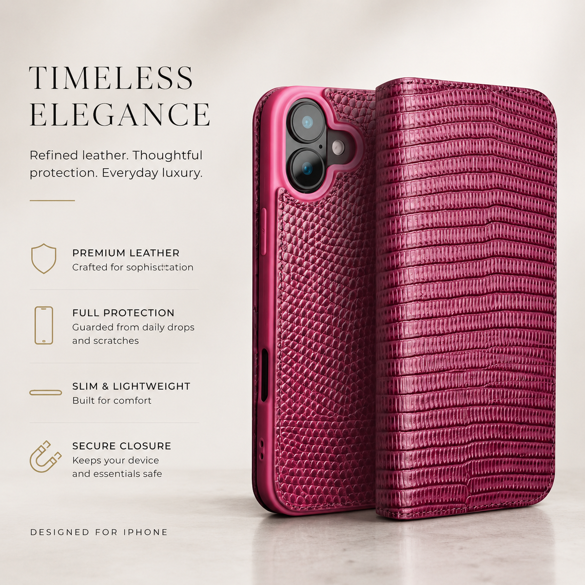 A pink folio case stands partly open on a pale surface, showing its two-lens camera opening and textured outer cover.