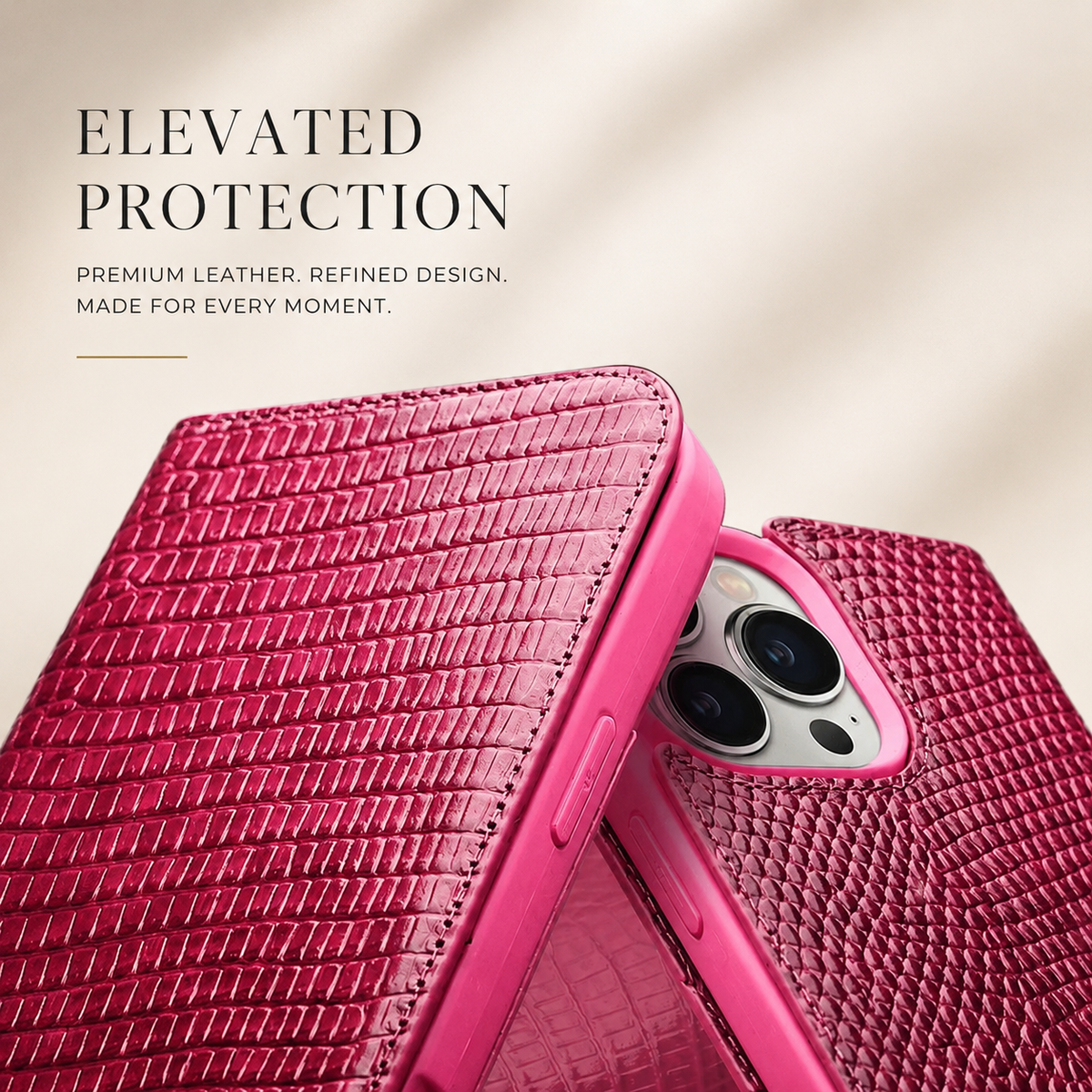 A close angled view shows the stitched pink reptile-patterned cover and rear camera opening of a folio case.