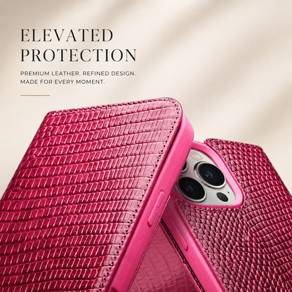 A close angled view shows the stitched pink reptile-patterned cover and rear camera opening of a folio case.