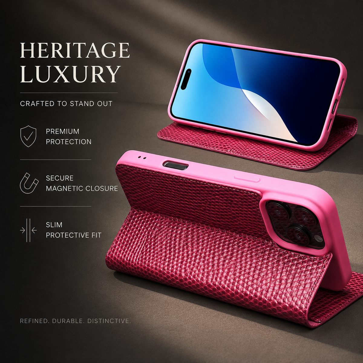 Two views of a pink folio case demonstrate horizontal phone support from the front and back beneath Heritage Luxury.
