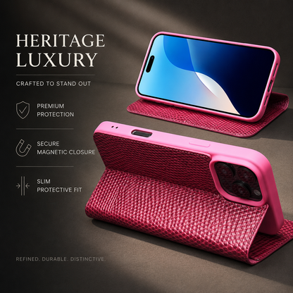 Two views of a pink folio case demonstrate horizontal phone support from the front and back beneath Heritage Luxury.