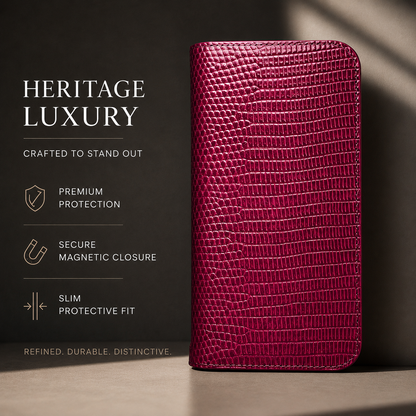 A closed bright pink reptile-patterned folio case stands upright on a pale platform beneath Heritage Luxury.
