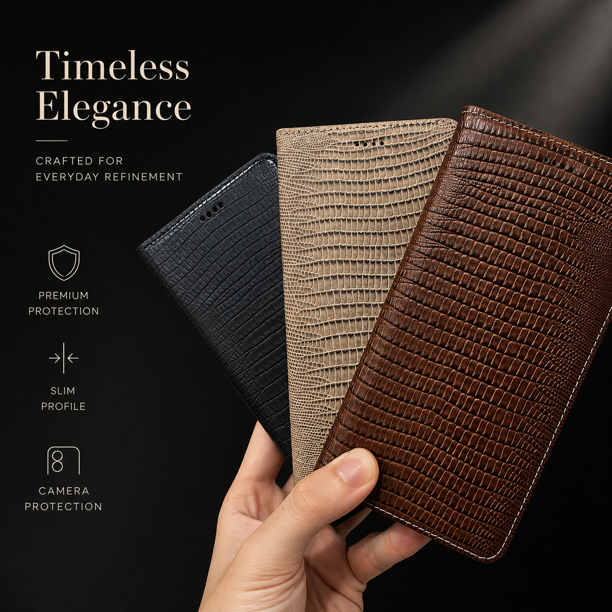 A hand fans out closed black, beige and brown reptile-patterned folio cases beneath Timeless Elegance.