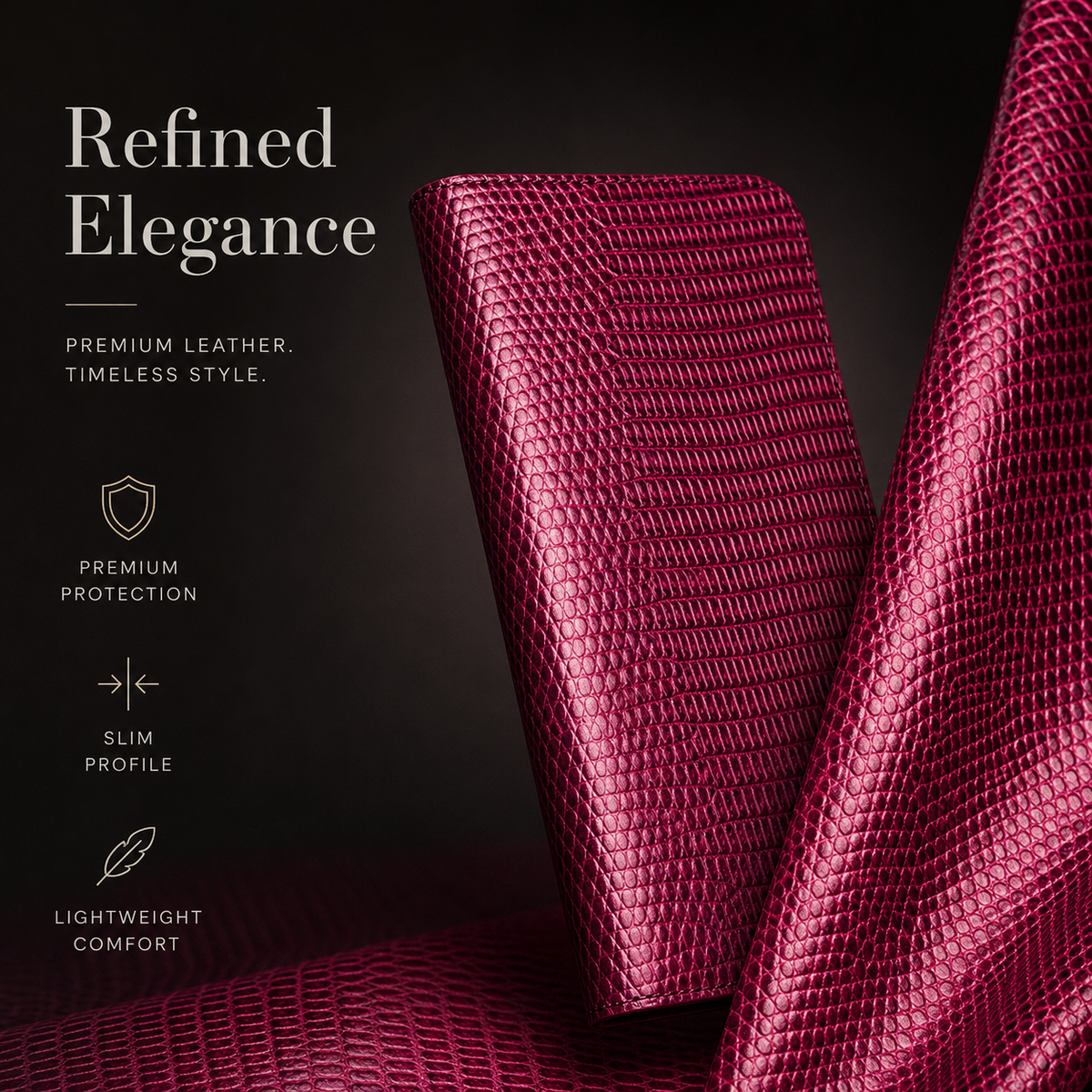 A closed pink reptile-patterned folio case rests against matching folded material beneath Refined Elegance.