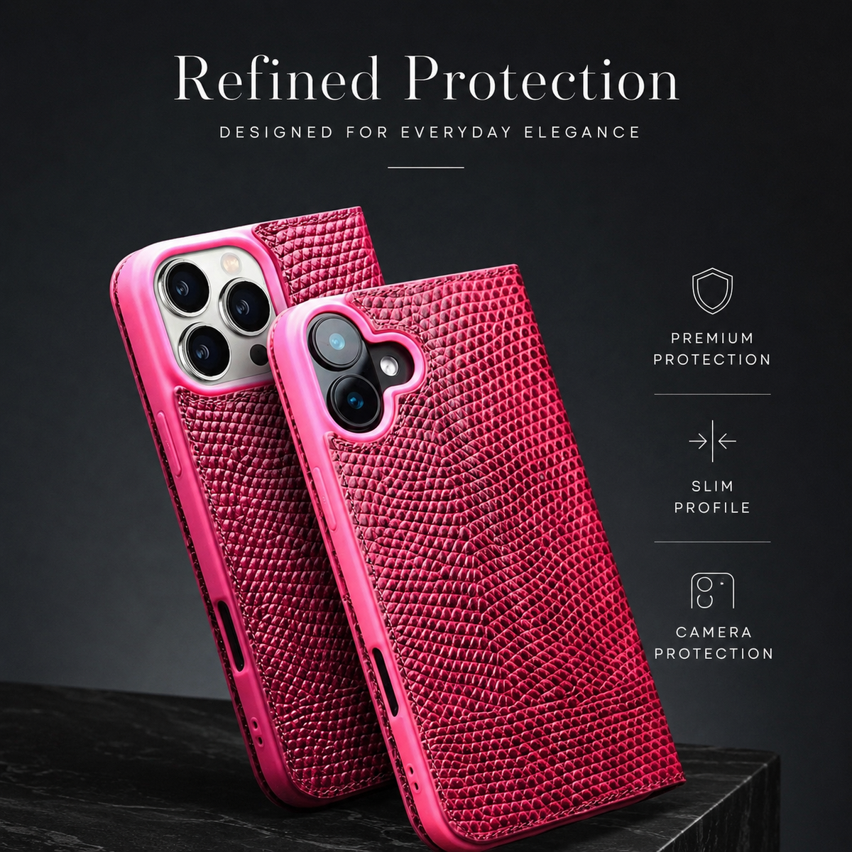 Two pink reptile-patterned folio cases stand rear-facing on dark stone, showing different camera openings.