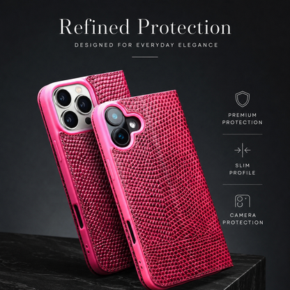 Two pink reptile-patterned folio cases stand rear-facing on dark stone, showing different camera openings.