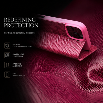 A pink folio case supports a phone horizontally on its folded cover against matching patterned material.