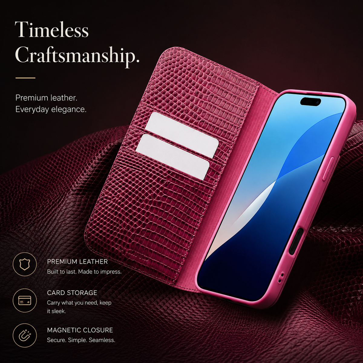 An open pink folio case shows two white cards in inner slots beside a phone with a blue screen.
