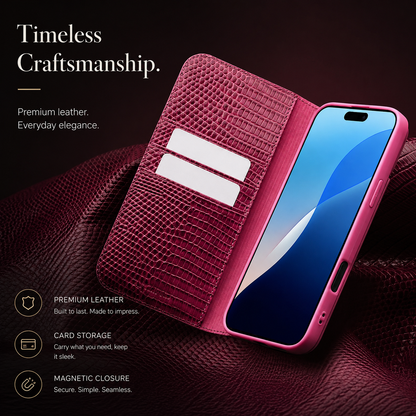 An open pink folio case shows two white cards in inner slots beside a phone with a blue screen.