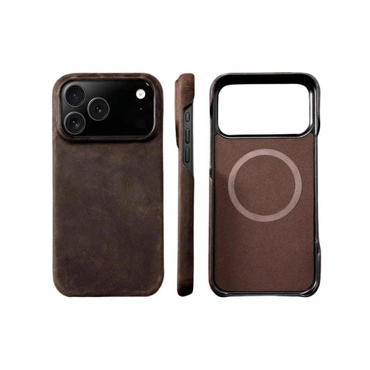 Three views show a mottled dark brown case: its back around a wide black camera panel, a narrow side view and an empty interior with a pale circular magnetic-ring marking.