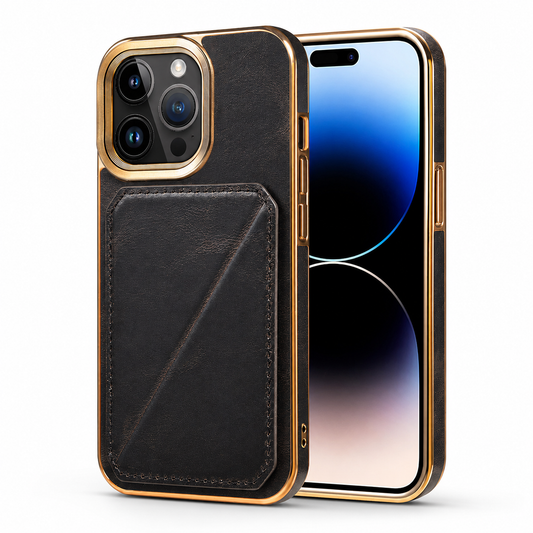 Front and rear views of a black leather-look phone case stand on white. Gold-colored trim surrounds the edges and camera opening, with a stitched folding card pocket on the back.