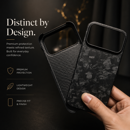 A hand holds two black cases together, one with diagonal weave and one with irregular shard-like patches. Both have wide camera openings; text advertises protection and light weight.