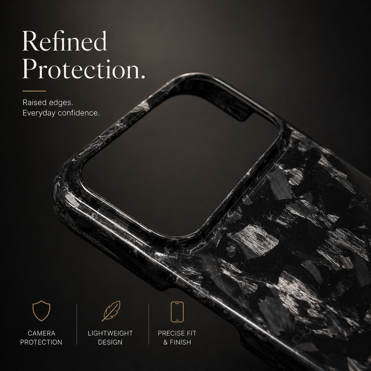 A close-up of a glossy black shard-patterned case highlights the raised rim around its wide camera opening. Text describes raised edges and camera protection.