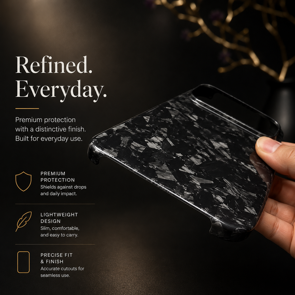 A hand tilts a glossy black shard-patterned case against a dark background, showing its thin edges and corner openings. Text advertises protection, light weight and precise fit.