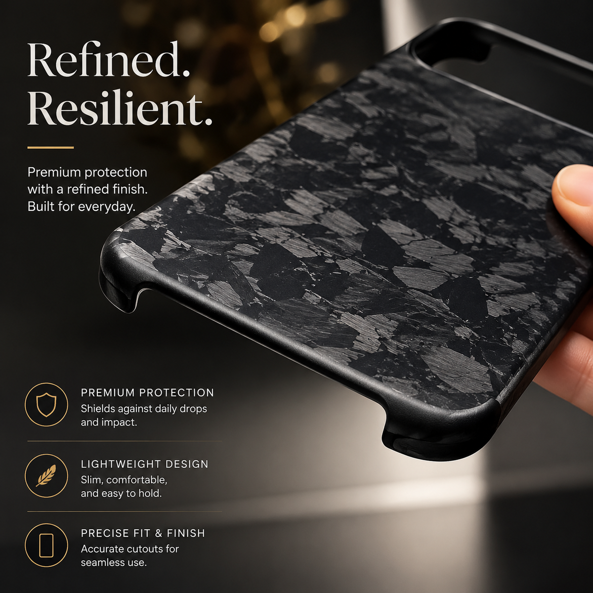 A close-up shows the matte black case's irregular gray shard pattern, rounded bottom corners and edge openings. Text advertises protection, light weight and precise fit.